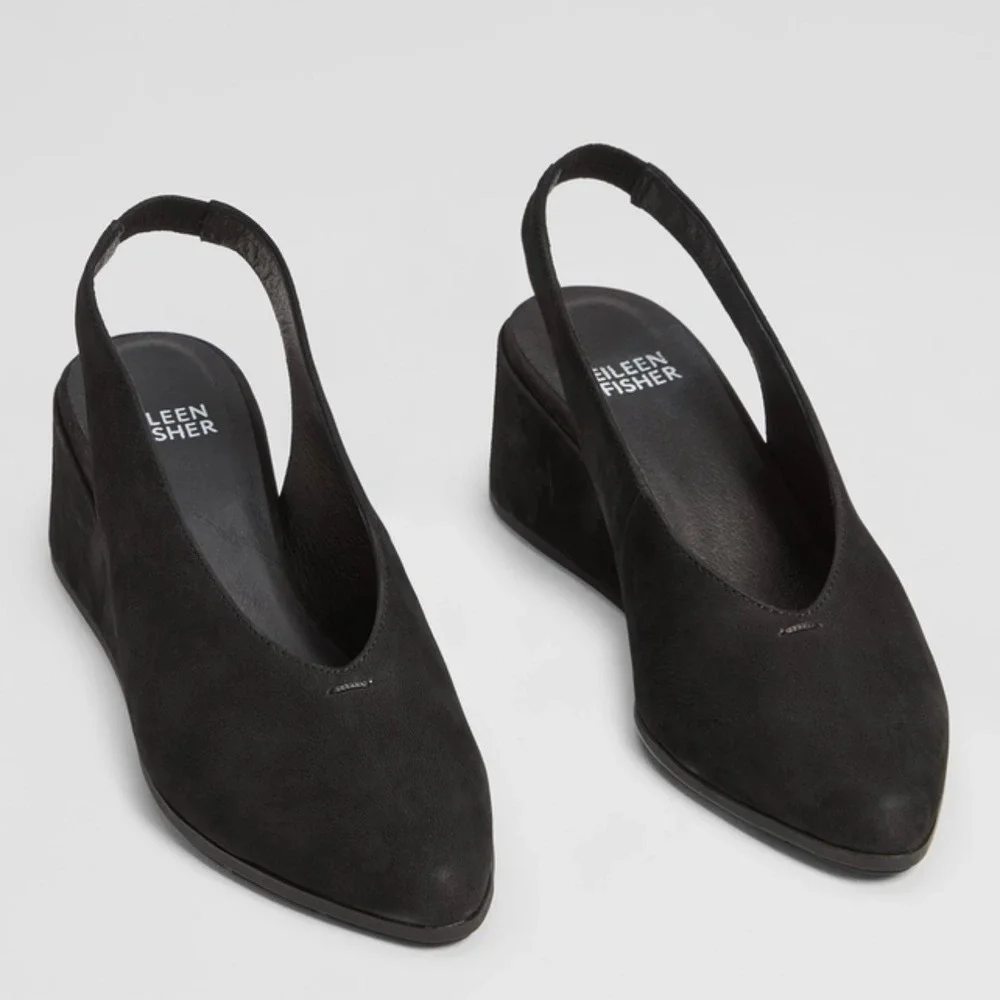 Eileen Fisher Devi Tumbled Nubuck Black Leather Slingback Wedge Heels Women's‎ 6